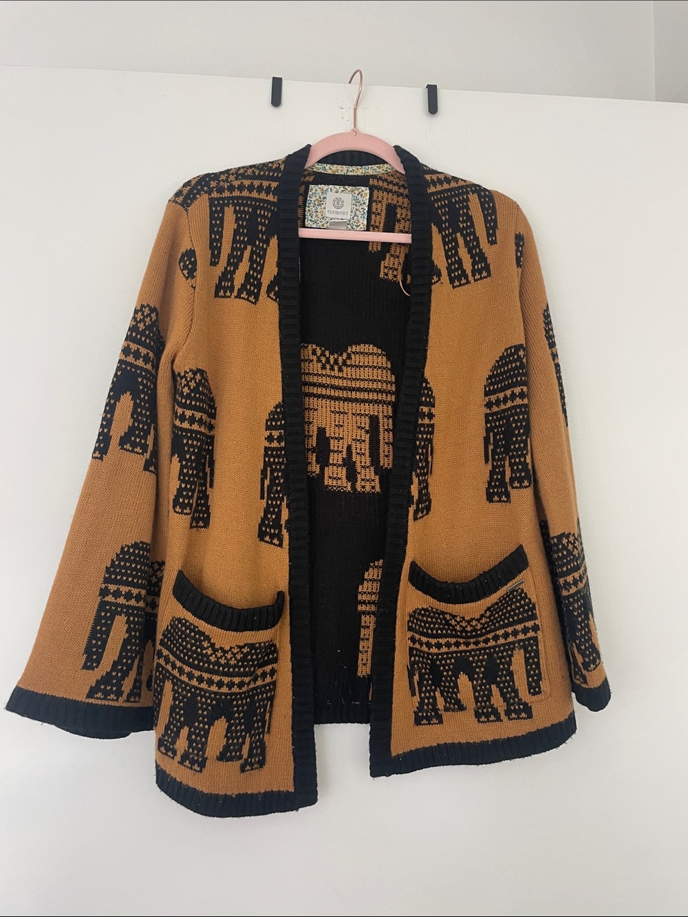 Element Black and Brown Striped Knit Cardigan with Floral Label